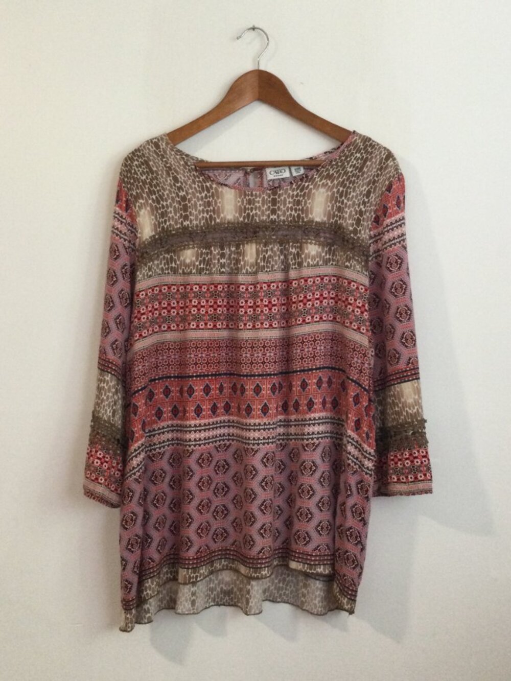 Cato Boho Peasant Tunic Blouse Mixed tribal paisley print pink red brown 18/20W